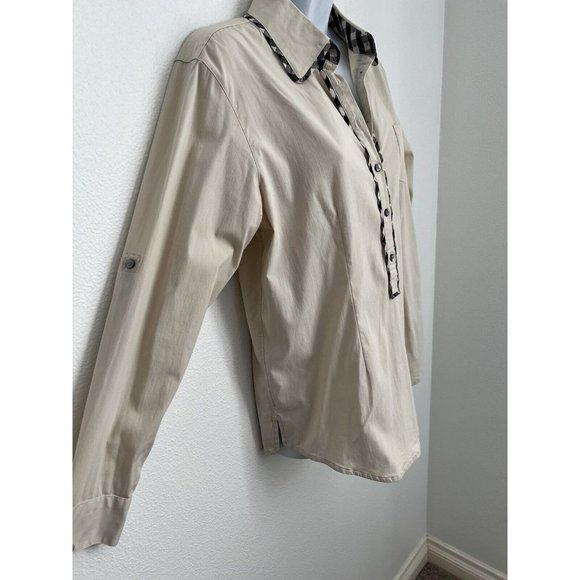 Foxcroft Womens Size 10 Top Blouse Tan Black Gingham Trim Fall Career Excellent - Picture 3 of 7